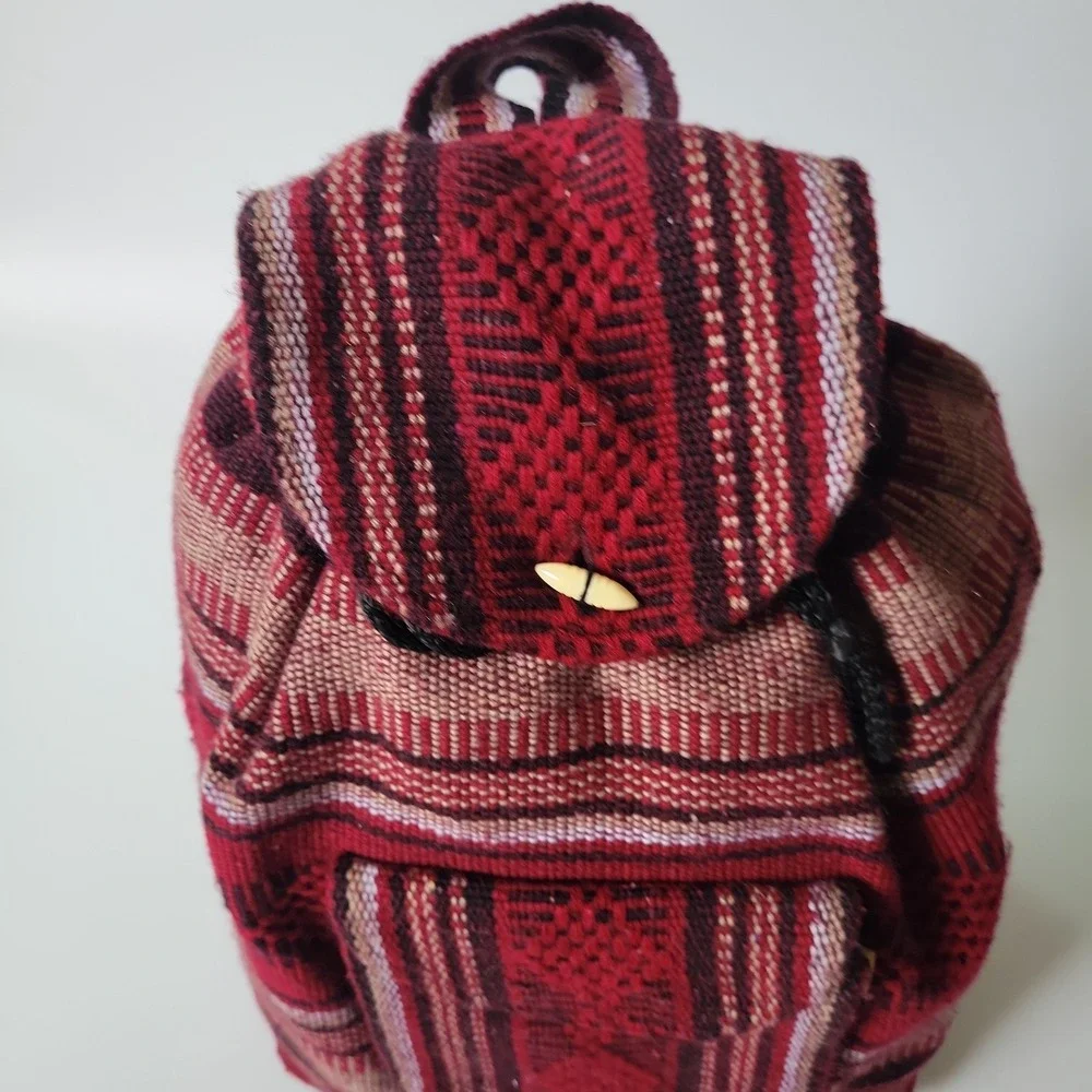 Pinzon Hippie Gear Backpack Burgundy Stripe Woven Textile Mexican Bag Bohemian